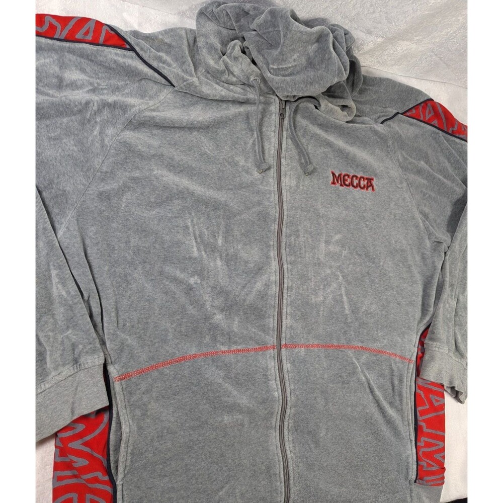 Vintage Y2K Mecca 13 Velour Hoodie Jacket Men's XL Gray Red Hip Hop Full Zip